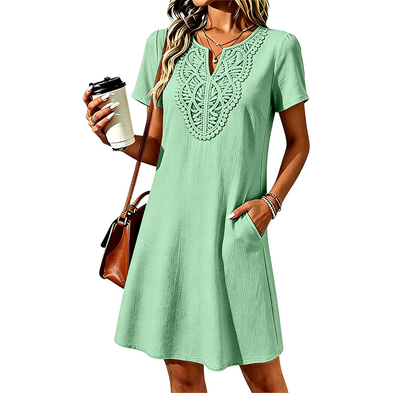 👗Damen Boho Spitzen V-Ausschnitt T-Shirt-Kleid – Müheloser Sommer-Chic✨