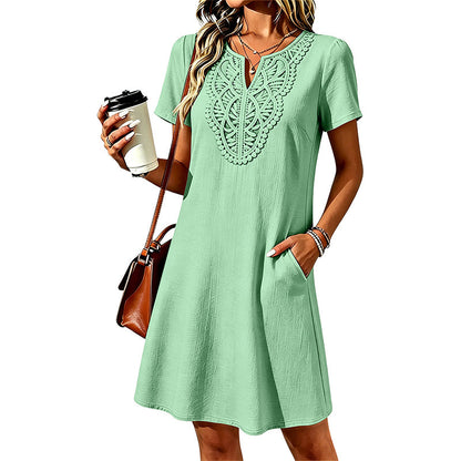 👗Damen Boho Spitzen V-Ausschnitt T-Shirt-Kleid – Müheloser Sommer-Chic✨