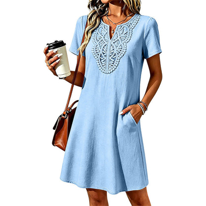 👗Damen Boho Spitzen V-Ausschnitt T-Shirt-Kleid – Müheloser Sommer-Chic✨