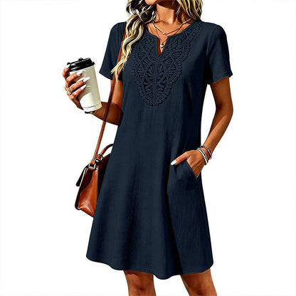 👗Damen Boho Spitzen V-Ausschnitt T-Shirt-Kleid – Müheloser Sommer-Chic✨