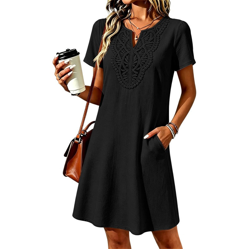 👗Damen Boho Spitzen V-Ausschnitt T-Shirt-Kleid – Müheloser Sommer-Chic✨