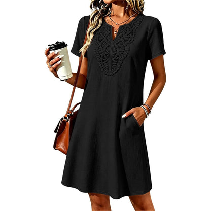 👗Damen Boho Spitzen V-Ausschnitt T-Shirt-Kleid – Müheloser Sommer-Chic✨