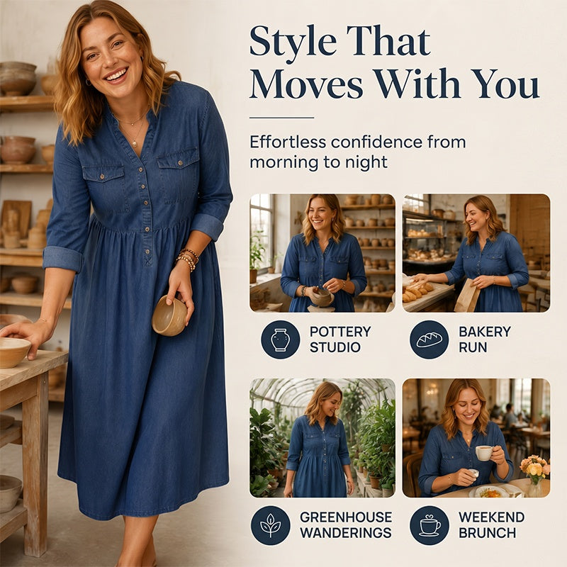 👗Damen-Maxikleid aus Jeansstoff mit Knopfleiste in Großen Größen – Schmeichelhafte Alltags-Passform für Kurven✨