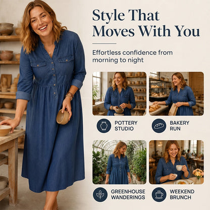 👗Damen-Maxikleid aus Jeansstoff mit Knopfleiste in Großen Größen – Schmeichelhafte Alltags-Passform für Kurven✨