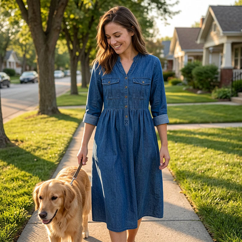 👗Damen-Maxikleid aus Jeansstoff mit Knopfleiste in Großen Größen – Schmeichelhafte Alltags-Passform für Kurven✨