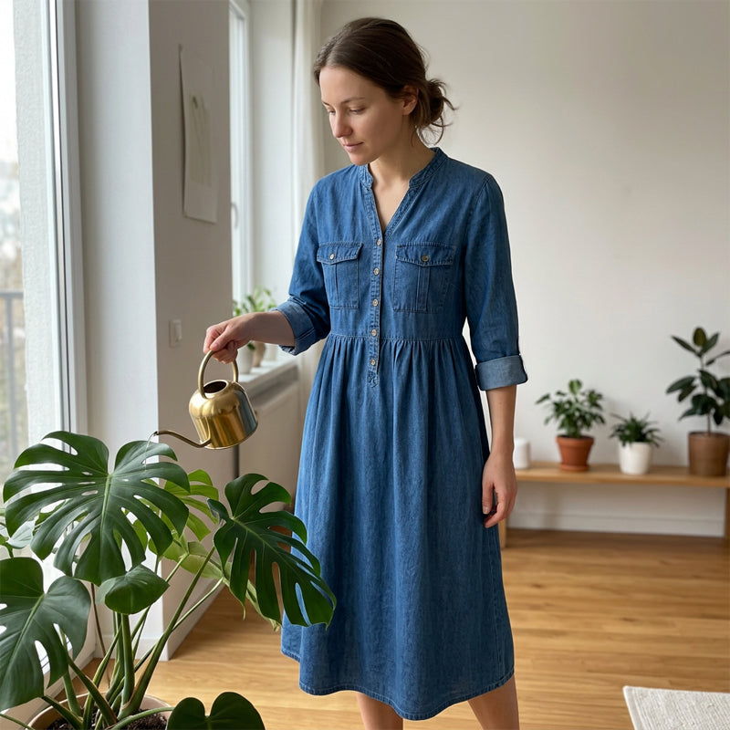 👗Damen-Maxikleid aus Jeansstoff mit Knopfleiste in Großen Größen – Schmeichelhafte Alltags-Passform für Kurven✨