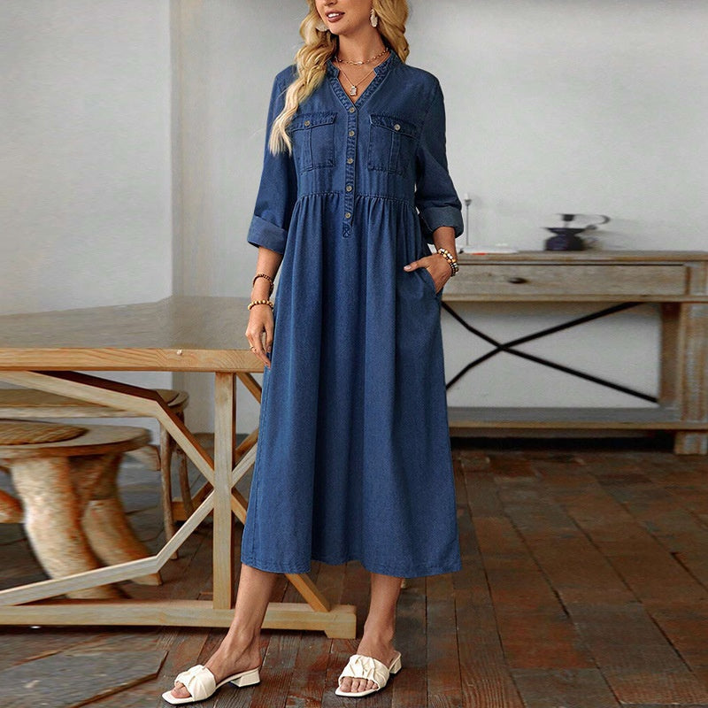 👗Damen-Maxikleid aus Jeansstoff mit Knopfleiste in Großen Größen – Schmeichelhafte Alltags-Passform für Kurven✨