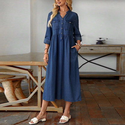 👗Damen-Maxikleid aus Jeansstoff mit Knopfleiste in Großen Größen – Schmeichelhafte Alltags-Passform für Kurven✨