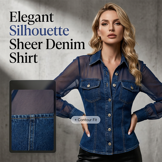 👕Women's Mesh Patchwork Denim Top– Elegant Tailored Waist Chic Top✨