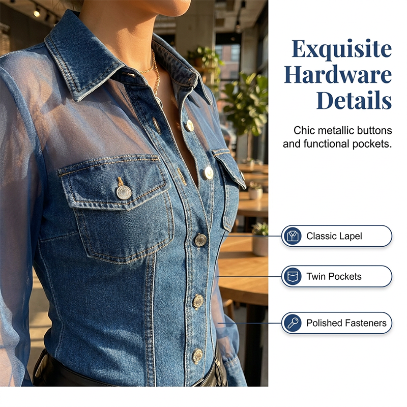 👕Damen-Mesh-Patchwork-Jeans-Top – Elegantes tailliertes schickes Top✨