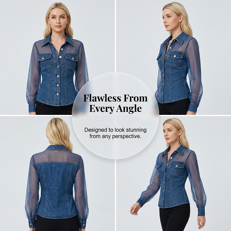 👕Damen-Mesh-Patchwork-Jeans-Top – Elegantes tailliertes schickes Top✨