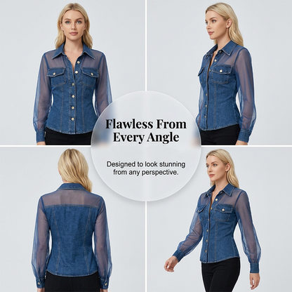 👕Damen-Mesh-Patchwork-Jeans-Top – Elegantes tailliertes schickes Top✨