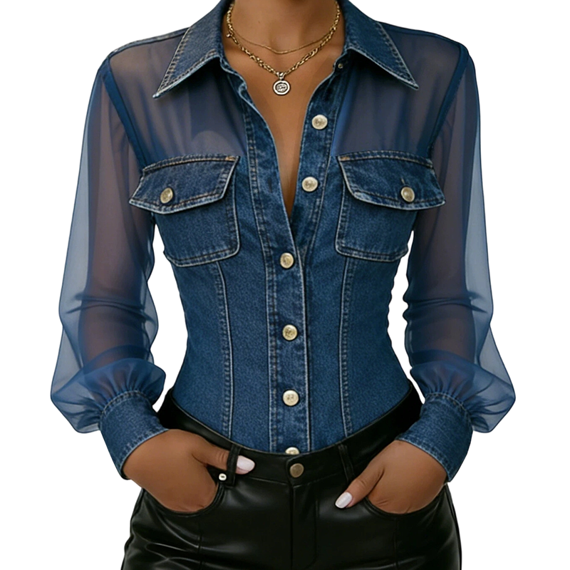 👕Damen-Mesh-Patchwork-Jeans-Top – Elegantes tailliertes schickes Top✨
