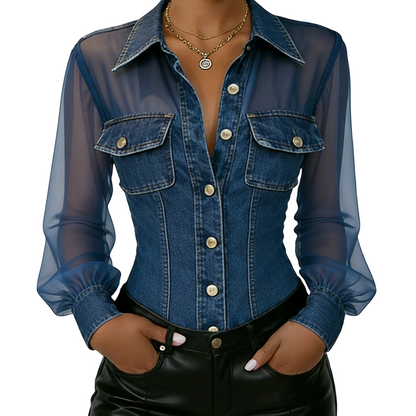 👕Damen-Mesh-Patchwork-Jeans-Top – Elegantes tailliertes schickes Top✨