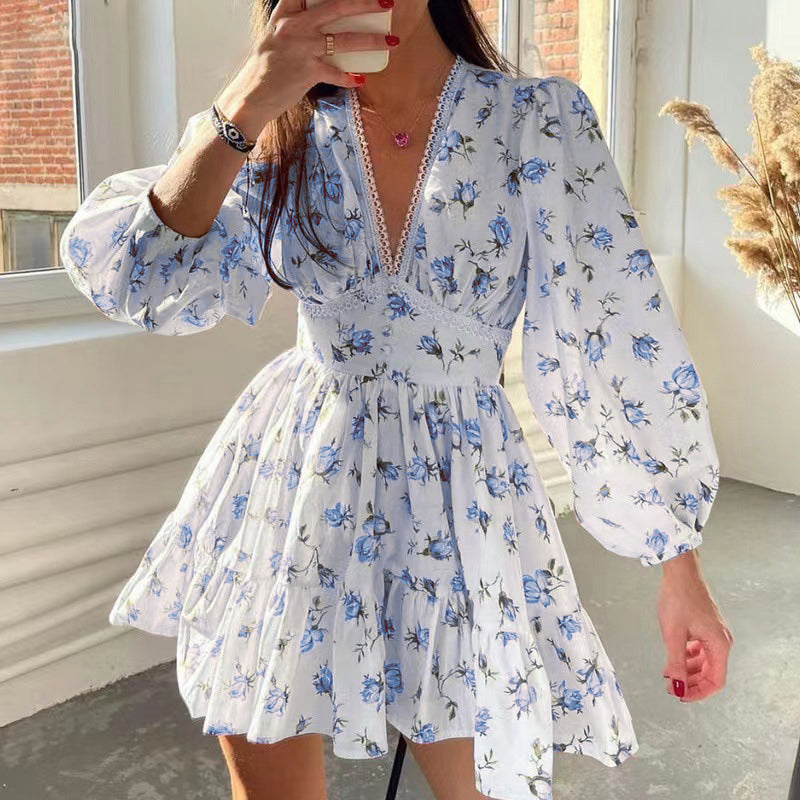 👗Women's Floral V-Neck Mini Dress – Lace Waist Summer Dress 🌸