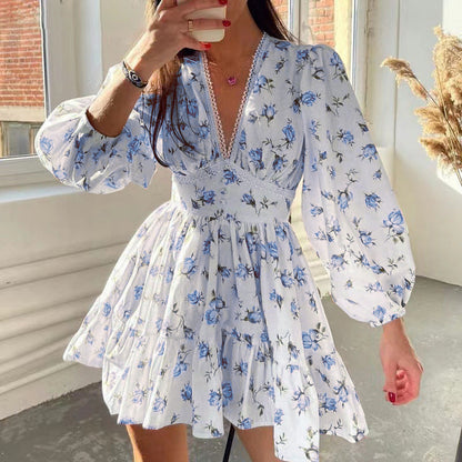 👗Women's Floral V-Neck Mini Dress – Lace Waist Summer Dress 🌸