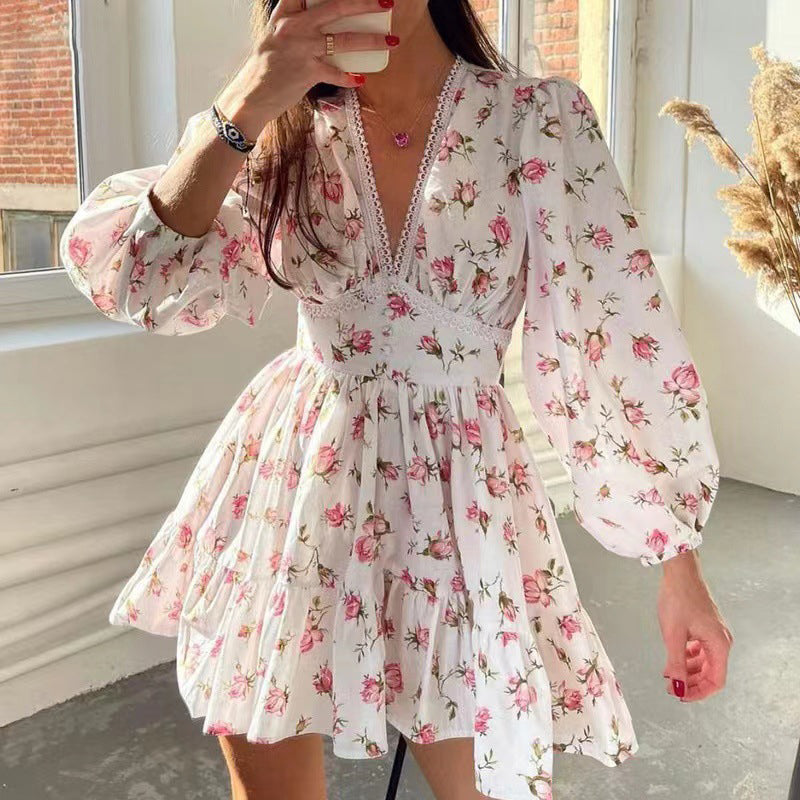 👗Women's Floral V-Neck Mini Dress – Lace Waist Summer Dress 🌸