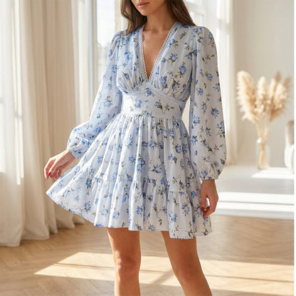 👗Women's Floral V-Neck Mini Dress – Lace Waist Summer Dress 🌸