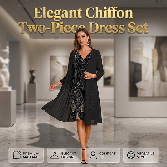 🔥Limited-Time Offer-Women's Long-Sleeve Printed Dress & Cardigan 2 Piece Set✨