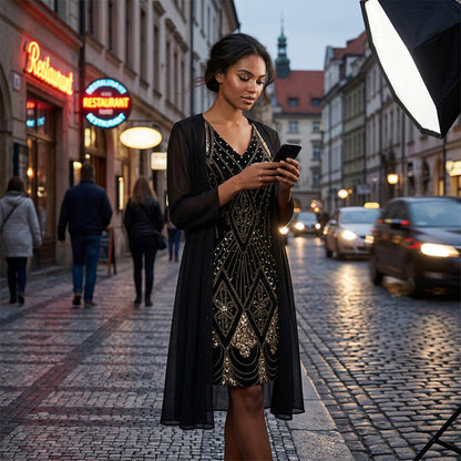 🔥Zeitlich begrenztes Angebot – Damen-Set aus Langarmkleid mit Muster und Strickjacke, 2-teilig✨