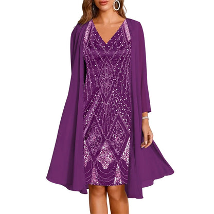 🔥Zeitlich begrenztes Angebot – Damen-Set aus Langarmkleid mit Muster und Strickjacke, 2-teilig✨