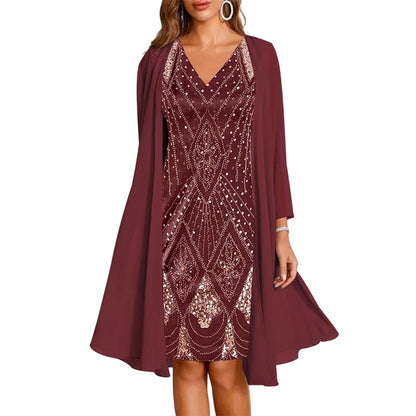 🔥Zeitlich begrenztes Angebot – Damen-Set aus Langarmkleid mit Muster und Strickjacke, 2-teilig✨