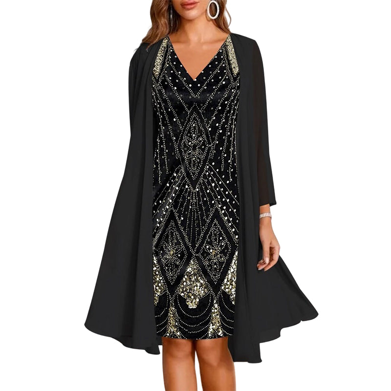 🔥Zeitlich begrenztes Angebot – Damen-Set aus Langarmkleid mit Muster und Strickjacke, 2-teilig✨