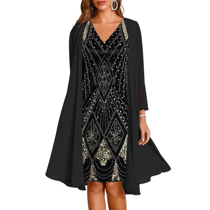 🔥Zeitlich begrenztes Angebot – Damen-Set aus Langarmkleid mit Muster und Strickjacke, 2-teilig✨