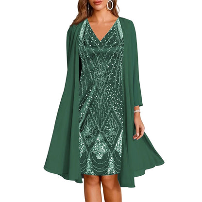 🔥Zeitlich begrenztes Angebot – Damen-Set aus Langarmkleid mit Muster und Strickjacke, 2-teilig✨