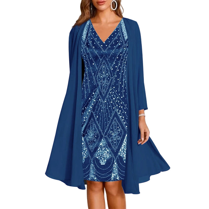 🔥Zeitlich begrenztes Angebot – Damen-Set aus Langarmkleid mit Muster und Strickjacke, 2-teilig✨