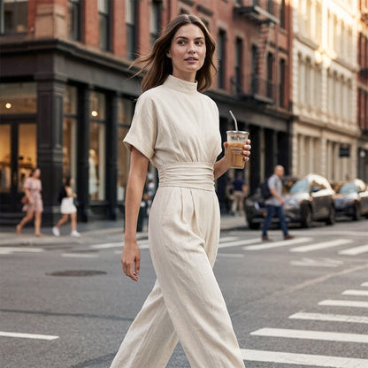 👗 Damen Kurzarm Rollkragen Overall mit weitem Bein – Elegantes All-in-One Outfit ✨