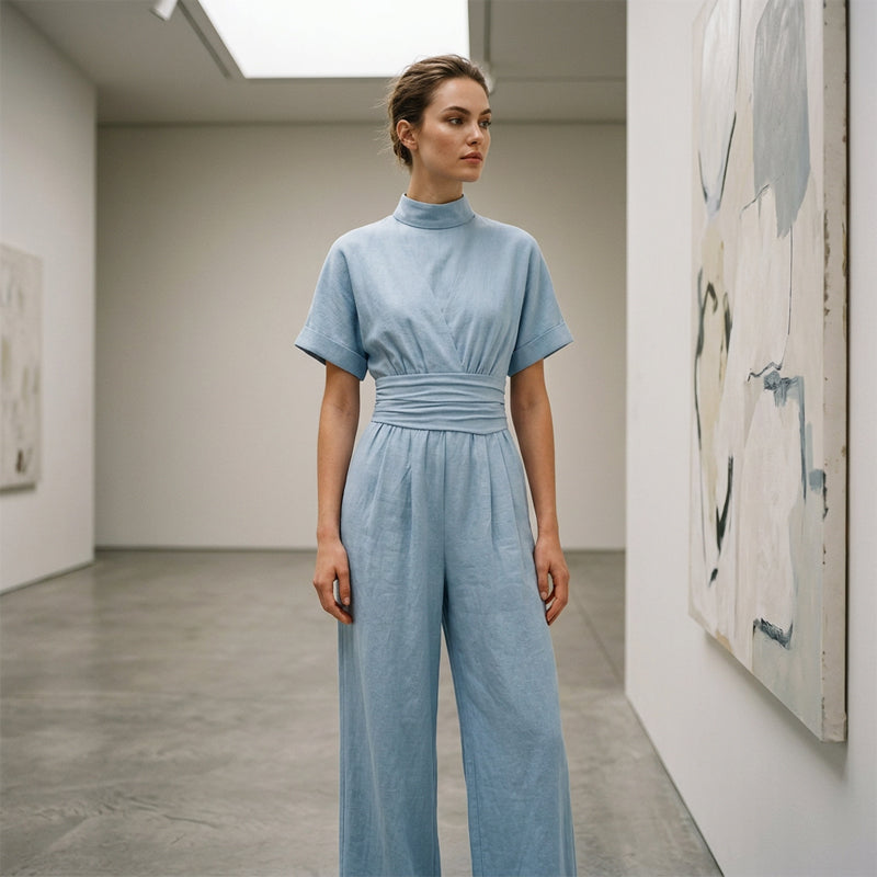 👗 Damen Kurzarm Rollkragen Overall mit weitem Bein – Elegantes All-in-One Outfit ✨