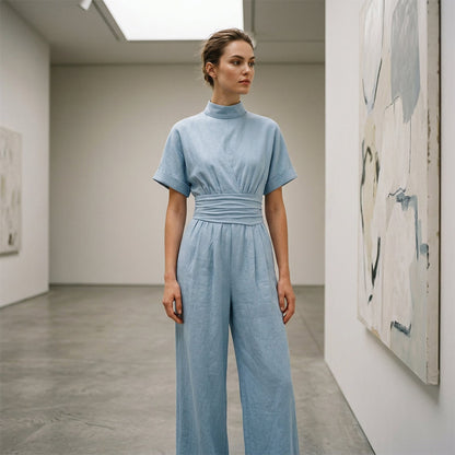 👗 Damen Kurzarm Rollkragen Overall mit weitem Bein – Elegantes All-in-One Outfit ✨
