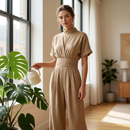 👗 Damen Kurzarm Rollkragen Overall mit weitem Bein – Elegantes All-in-One Outfit ✨
