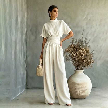 👗 Damen Kurzarm Rollkragen Overall mit weitem Bein – Elegantes All-in-One Outfit ✨