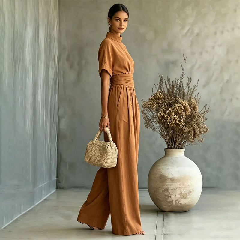 👗 Damen Kurzarm Rollkragen Overall mit weitem Bein – Elegantes All-in-One Outfit ✨