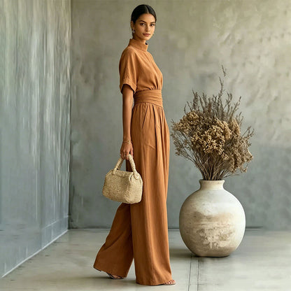 👗 Damen Kurzarm Rollkragen Overall mit weitem Bein – Elegantes All-in-One Outfit ✨