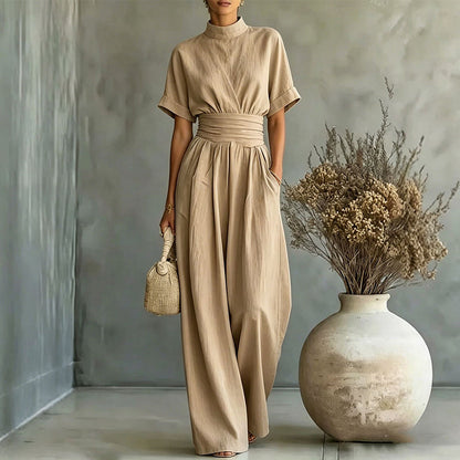 👗 Damen Kurzarm Rollkragen Overall mit weitem Bein – Elegantes All-in-One Outfit ✨