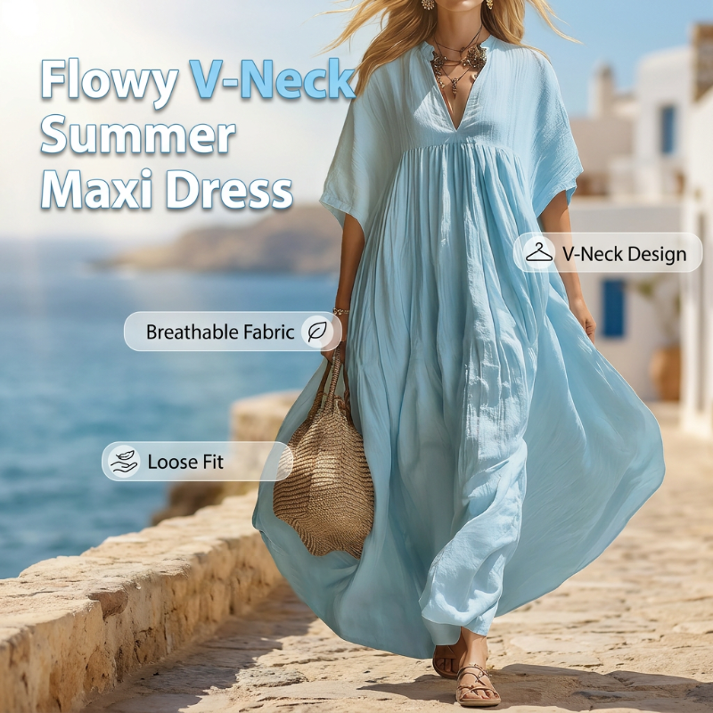 💥50 % Rabatt am letzten Tag – 👗Fließendes Sommer-Maxikleid mit V-Ausschnitt für Damen☀️✨