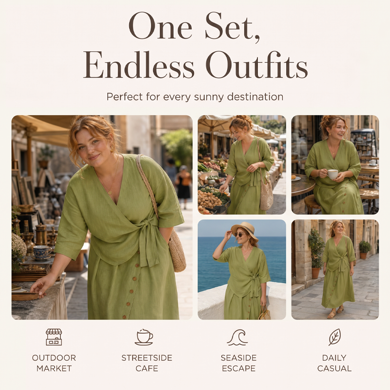 👗Women's Casual Wrap Top & Side Button Skirt Set – Chic 2-Piece Summer Outfit ✨