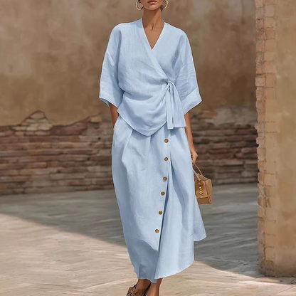👗Women's Casual Wrap Top & Side Button Skirt Set – Chic 2-Piece Summer Outfit ✨