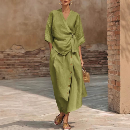 👗Women's Casual Wrap Top & Side Button Skirt Set – Chic 2-Piece Summer Outfit ✨