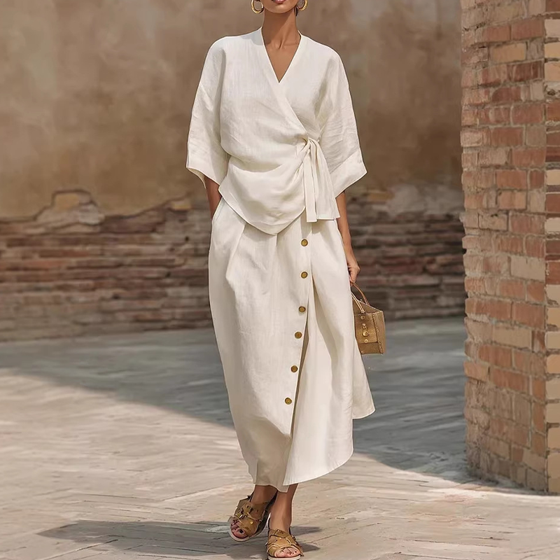 👗Women's Casual Wrap Top & Side Button Skirt Set – Chic 2-Piece Summer Outfit ✨