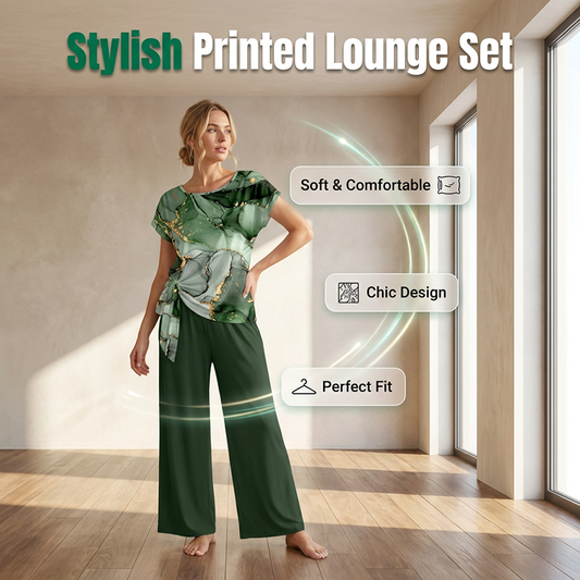 💫Stylish Printed Lounge Set– Knot Front Top & Wide-Leg Trousers✨