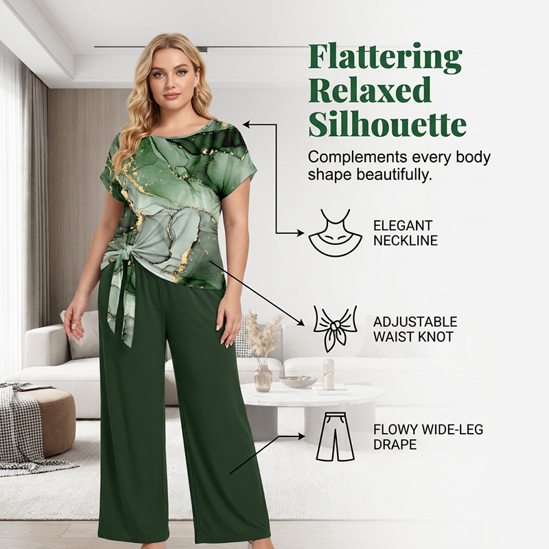 💫Stylish Printed Lounge Set– Knot Front Top & Wide-Leg Trousers✨