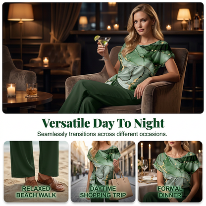 💫Stylish Printed Lounge Set– Knot Front Top & Wide-Leg Trousers✨