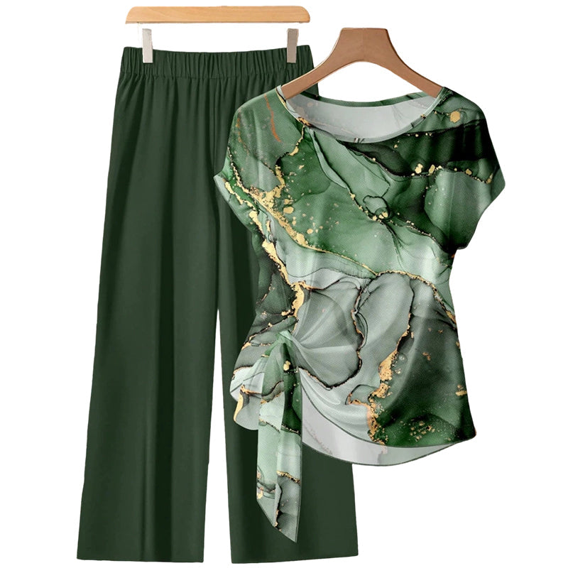 💫Stylish Printed Lounge Set– Knot Front Top & Wide-Leg Trousers✨
