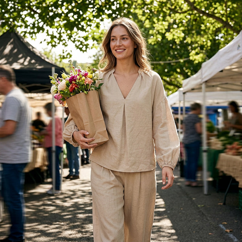 👗Women's Casual V-Neck Top & Pants Set– Minimalist Top & Pocket Trousers ✨ Effortless Chic Outfit