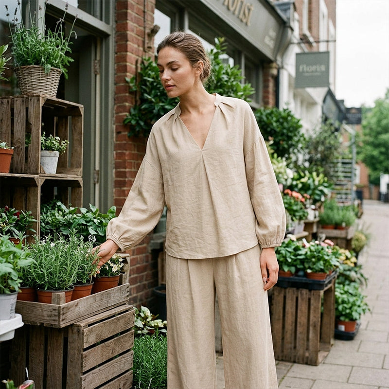 👗Women's Casual V-Neck Top & Pants Set– Minimalist Top & Pocket Trousers ✨ Effortless Chic Outfit