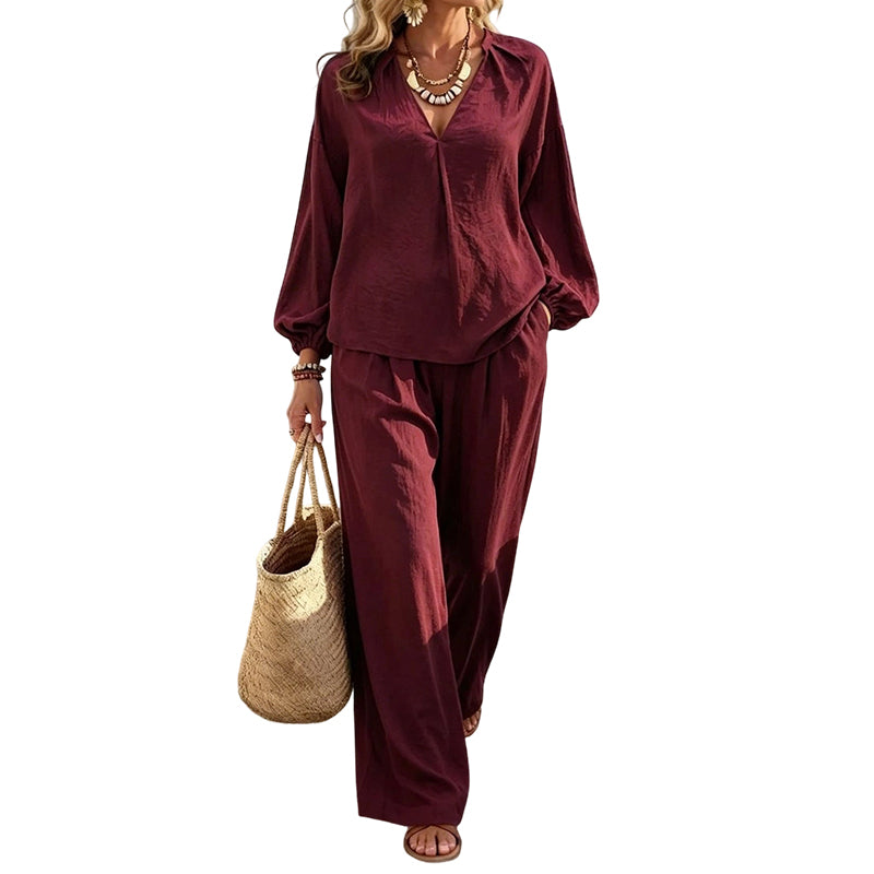 👗Women's Casual V-Neck Top & Pants Set– Minimalist Top & Pocket Trousers ✨ Effortless Chic Outfit